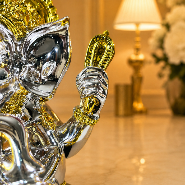 Silver and Gold Resin Lord Ganesha Statue | Elegant Ganpati Idol for Home & Office | Vastu Gift for Prosperity & Success (19 cm)