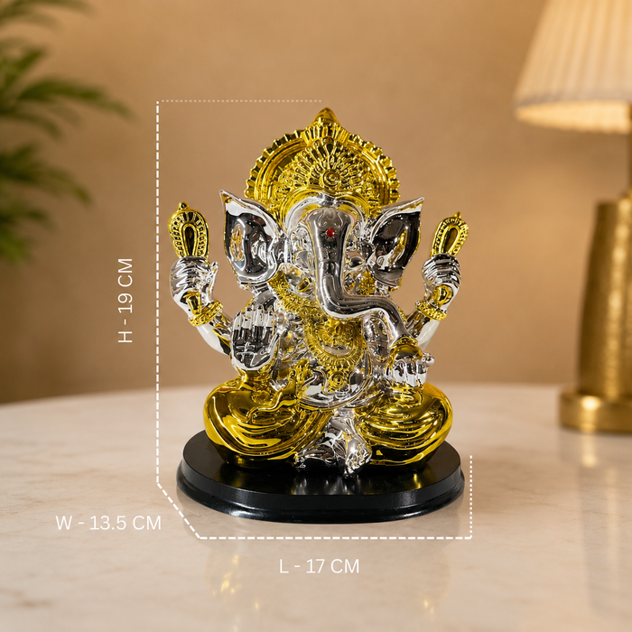 Silver and Gold Resin Lord Ganesha Statue | Elegant Ganpati Idol for Home & Office | Vastu Gift for Prosperity & Success (19 cm)