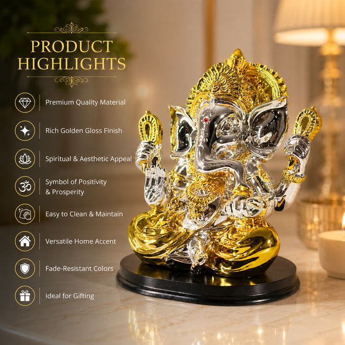 Silver and Gold Resin Lord Ganesha Statue | Elegant Ganpati Idol for Home & Office | Vastu Gift for Prosperity & Success (19 cm)