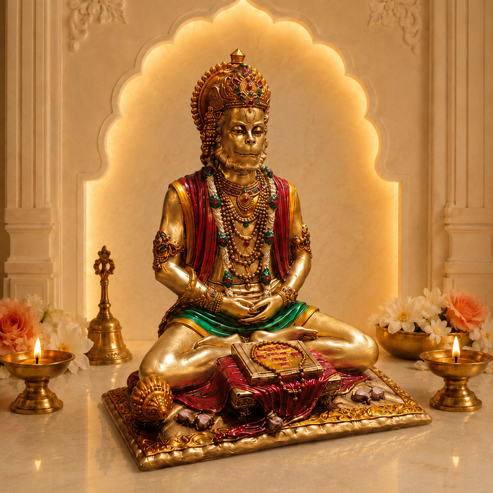 A golden Lord Hanuman statue seated in a meditative pose, adorned with red and green draped fabric and detailed jewelry, placed on a marble surface with lit oil lamps, flowers, and a brass bell in a temple-like setting.