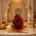 A golden statue of a seated Hindu deity, viewed from behind, draped in a rich red shawl, placed on a marble altar in a temple setting with brass oil lamps and flowers.