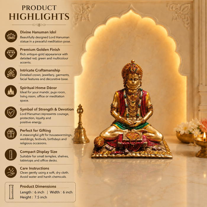 Product highlights infographic for a Lord Hanuman statue, featuring a golden seated idol with red and green draped garments, flanked by a smaller standing figure. The background is beige with ornate arch details, and the left side lists features and product dimensions.