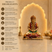 Product highlights infographic for a Lord Hanuman statue, featuring a golden seated idol with red and green draped garments, flanked by a smaller standing figure. The background is beige with ornate arch details, and the left side lists features and product dimensions.