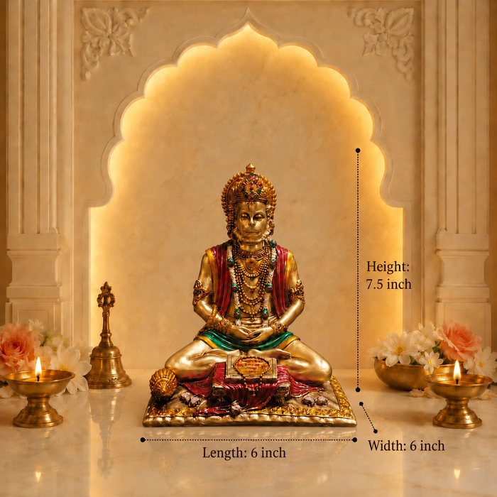 Gold-toned seated deity statue on a decorative base, shown in a temple-like interior with dimension callouts indicating 6 inch length, 6 inch width, and 7.5 inch height.