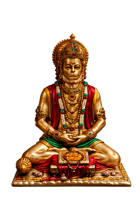 A gold-plated Hanuman statue seated in a meditative pose, adorned with red and green draped fabric and jewelry, on a plain white background.