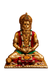 A gold-plated Hanuman statue seated in a meditative pose, adorned with red and green draped fabric and jewelry, on a plain white background.