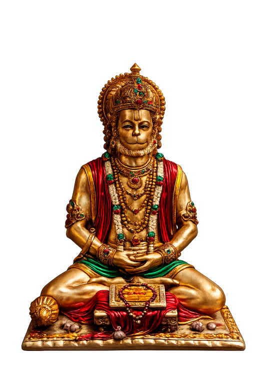 A gold-plated Hanuman statue seated in a meditative pose, adorned with red and green draped fabric and jewelry, on a plain white background.