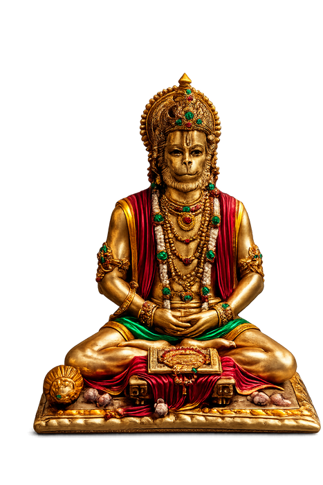 A gold-colored Hanuman statue seated in a meditative pose, adorned with red and green draped fabric, jewelry, and a crown, isolated on a white background.