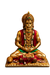 A gold-colored Hanuman statue seated in a meditative pose, adorned with red and green draped fabric, jewelry, and a crown, isolated on a white background.