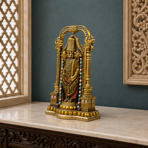 An ornate gold-toned Hindu deity statue with detailed jewelry and colorful bead accents, displayed on a marble tabletop against a dark teal wall.