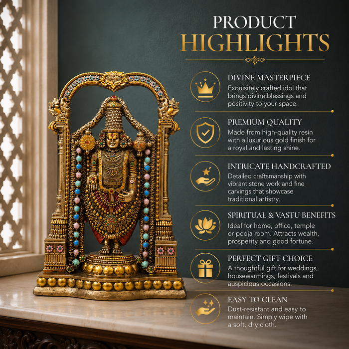 A gold-toned Hindu deity idol displayed on a wooden surface with promotional text on the right side. The idol is decorated with gold, turquoise, and red beads, set under a decorative arch.