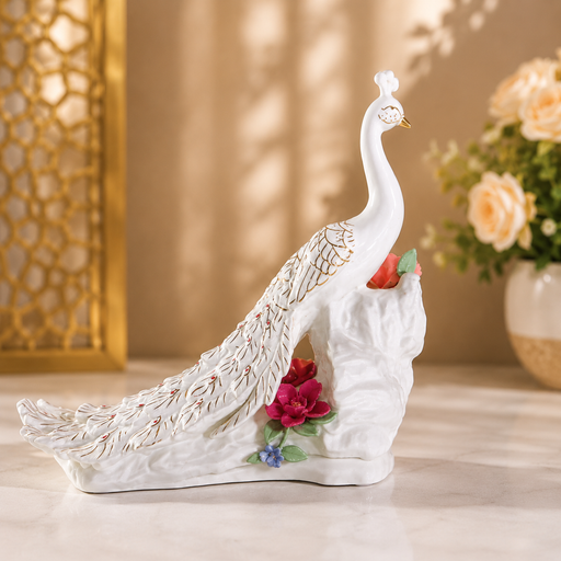 White decorative peacock sculpture with floral accents