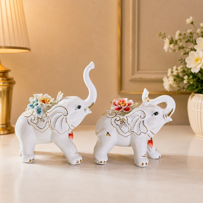 White Ceramic Elephant Couple Decorative Showpiece