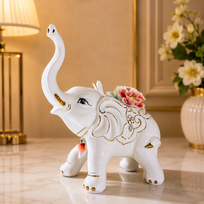 Close-Up Ceramic Elephant with Floral Design