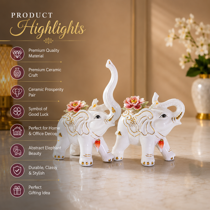 White Ceramic Elephant with Raised Trunk Showpiece