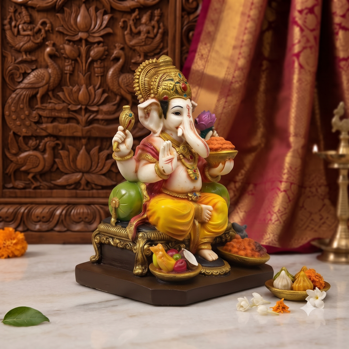 A colorful Ganesha statue seated on a dark base, styled on a marble surface with decorative offerings, a carved wooden backdrop, and draped red fabric in the background.