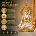 A white and gold Buddha statue shown in a decorative interior setting, with promotional text on the left highlighting craftsmanship, resin quality, golden aura design, and suitability for home, temple, or gift use.