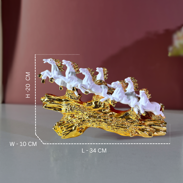 7 Running Horses Statue White Gold Polyresin
