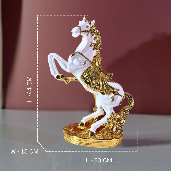 Premium Royal White Gold Horse Statue Crystal Saddle Polyresin