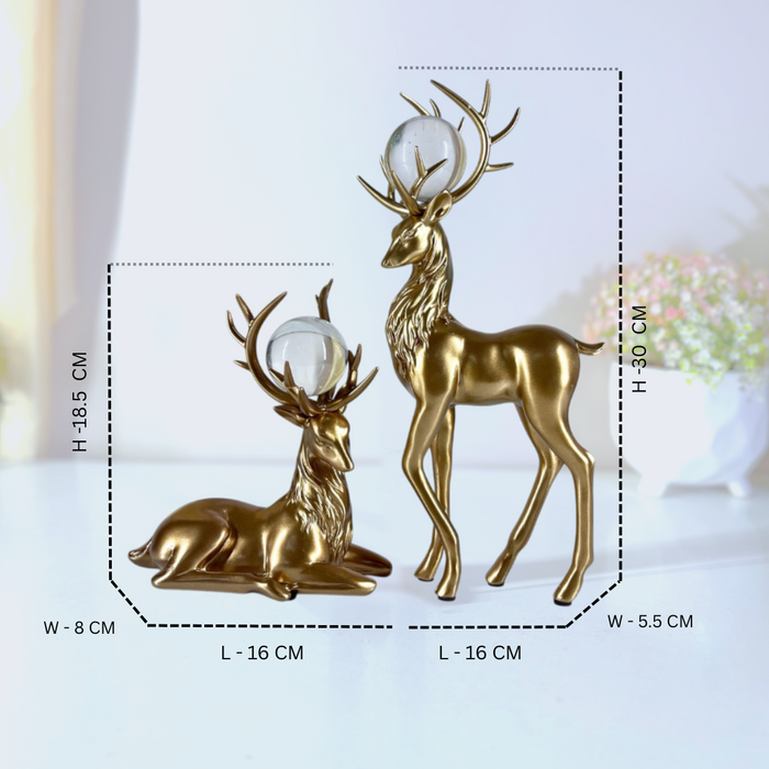 Gold Finish Crystal-Horn Deer Figurine Set of 2