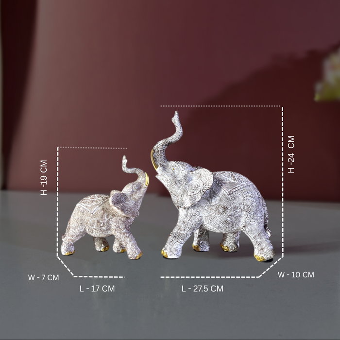 Premium White & Gold Embossed Elephant Figurine Set of 2 Polyresin Décor