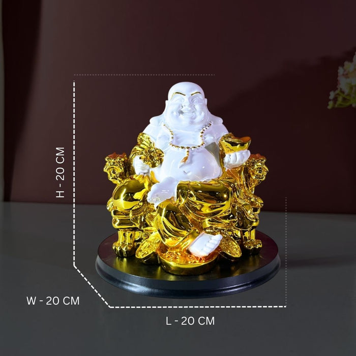 Premium 20 cm Resin Laughing Buddha Statue – Gold & White Feng Shui Home Decor Showpiece