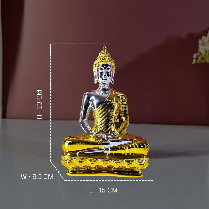 Silver and Gold Gautam Buddha Statue | Elegant Resin Buddha Idol for Meditation Altar | Vastu Decor for Home & Office (23 cm)