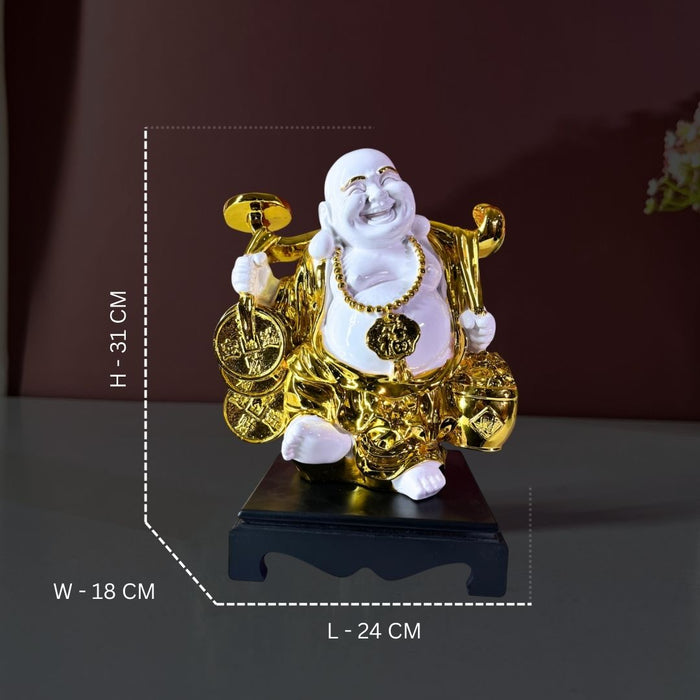 White and Gold Laughing Buddha Statue for Home & Office | Resin Feng Shui Money Buddha | Brings Wealth, Joy & Good Fortune (31cm)