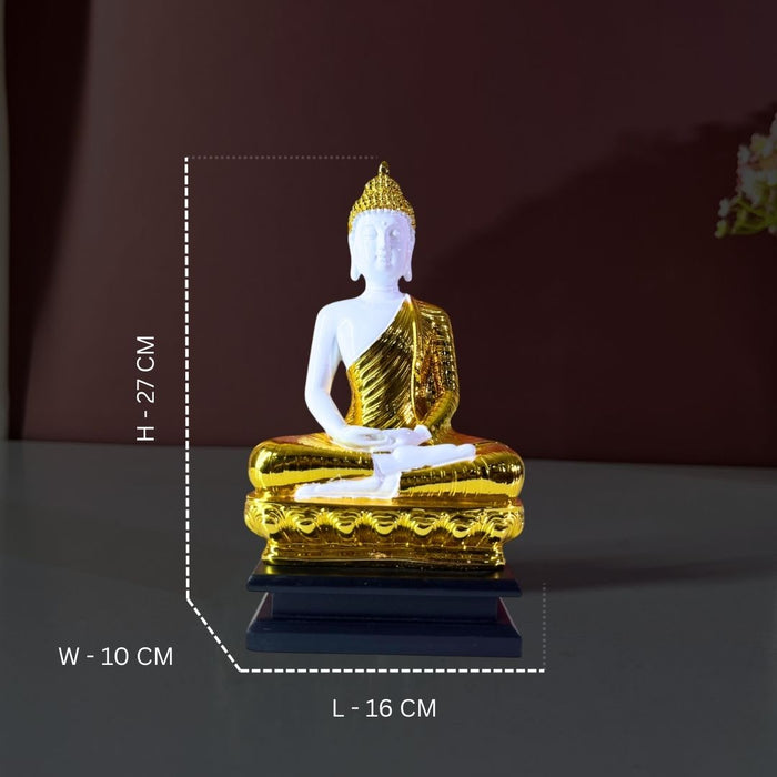 White and Gold Gautam Buddha Statue | Serene Resin Buddha Idol for Meditation & Home Decor | Feng Shui & Spiritual Wellness (27 cm)