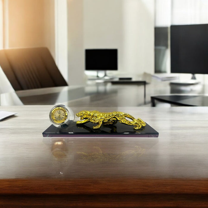 Luxurious Golden Panther with Crystal Ball Clock on Lacquered Glass Base – A Statement of Elegance