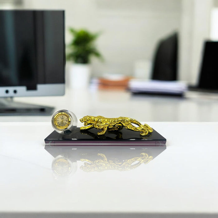 Luxurious Golden Panther with Crystal Ball Clock on Lacquered Glass Base – A Statement of Elegance