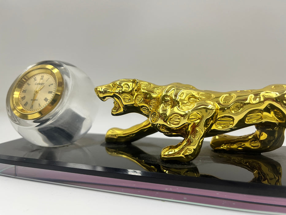 Luxurious Golden Panther with Crystal Ball Clock on Lacquered Glass Base – A Statement of Elegance