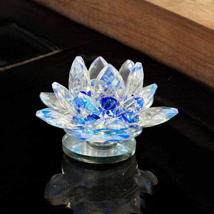 Divine Bloom: Blue-Accented Crystal Lotus Figurine – Vastu-Approved Centerpiece for Prosperity