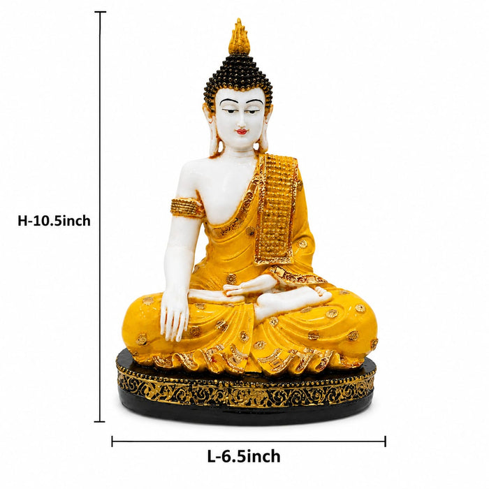 A golden Buddha statue seated in a meditative pose on a black base, shown with dimension lines indicating a height of 10.5 inches and a base width of 6.
