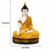 A golden Buddha statue seated in a meditative pose on a black base, shown with dimension lines indicating a height of 10.5 inches and a base width of 6.