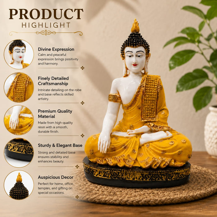 A golden Buddha statue seated in a meditative pose on a woven mat, shown with feature callout graphics and text on a warm beige background with a plant leaf at the side.