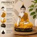 A golden Buddha statue seated in a meditative pose on a woven mat, shown with feature callout graphics and text on a warm beige background with a plant leaf at the side.