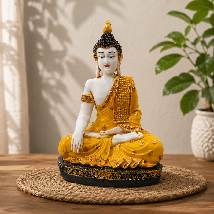 A golden Buddha statue seated in a meditative pose on a woven round mat, placed on a wooden surface with a potted plant and soft wall shadows in the background.