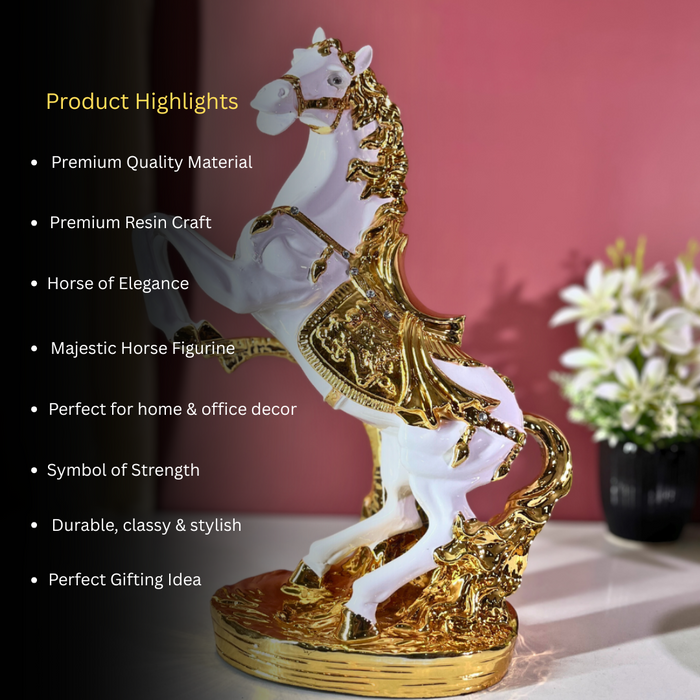 Premium Royal White Gold Horse Statue Crystal Saddle Polyresin