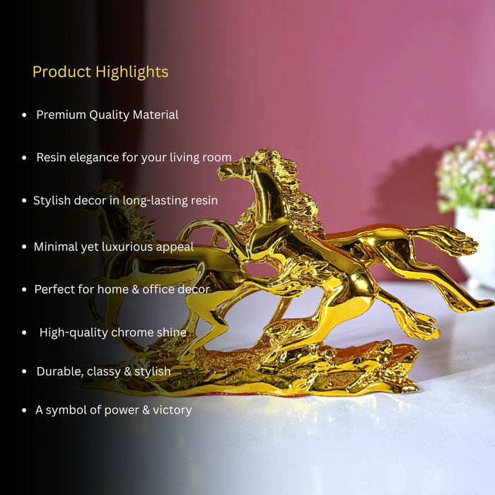 Gold Finish Three Running Horses Statue | Resin Horse Figurine for Home & Office | Vastu Symbol for Success, Speed & Wealth (31 cm Length