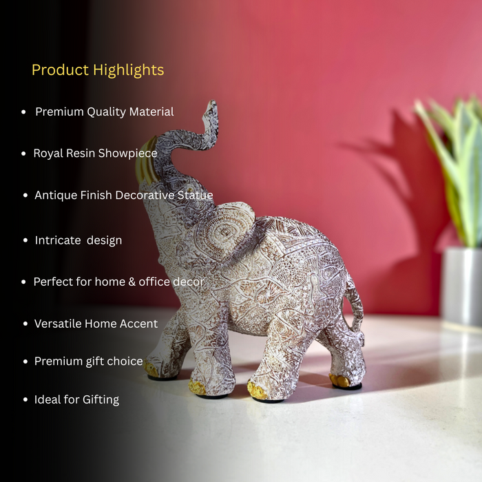Premium White & Gold Embossed Elephant Figurine Set of 2 Polyresin Décor