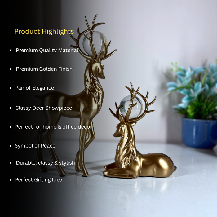 Gold Finish Crystal-Horn Deer Figurine Set of 2