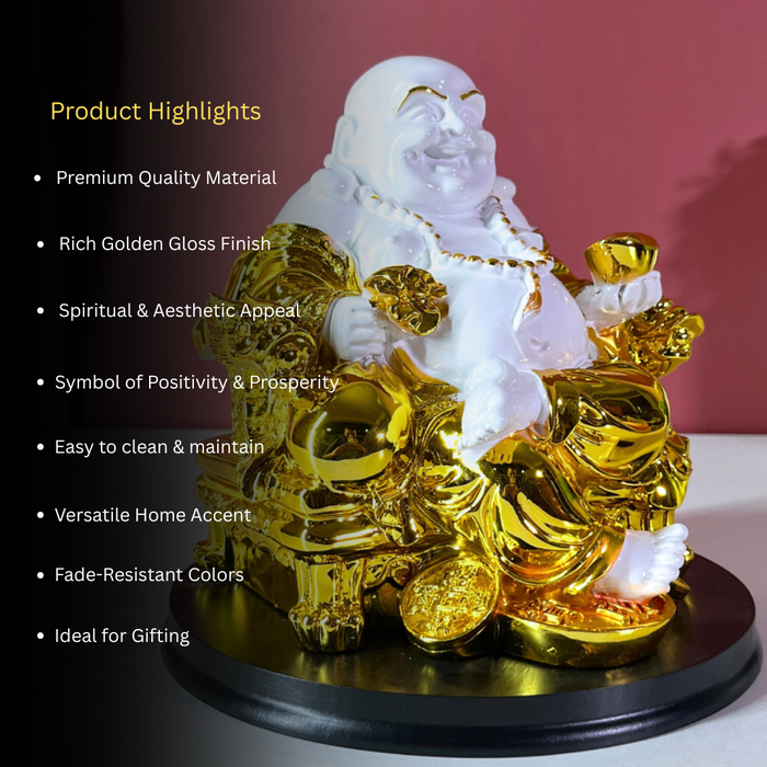 Premium 20 cm Resin Laughing Buddha Statue – Gold & White Feng Shui Home Decor Showpiece