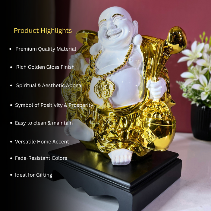 White and Gold Laughing Buddha Statue for Home & Office | Resin Feng Shui Money Buddha | Brings Wealth, Joy & Good Fortune (31cm)