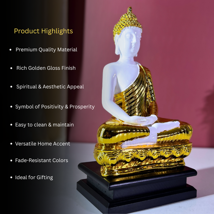 White and Gold Gautam Buddha Statue | Serene Resin Buddha Idol for Meditation & Home Decor | Feng Shui & Spiritual Wellness (27 cm)