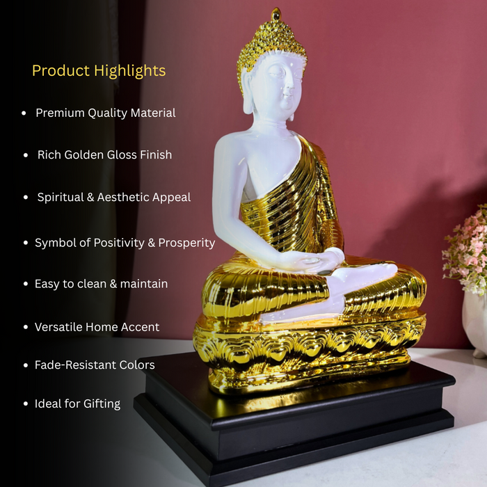 Gautam Buddha Resin Statue – 41 cm White & Gold Feng Shui Home Decor Showpiece