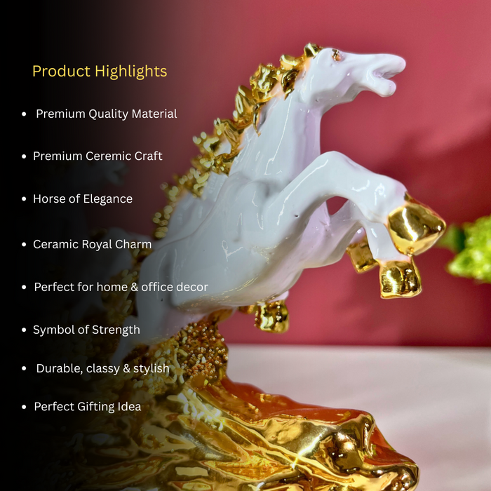 7 Running Horses Statue White Gold Polyresin