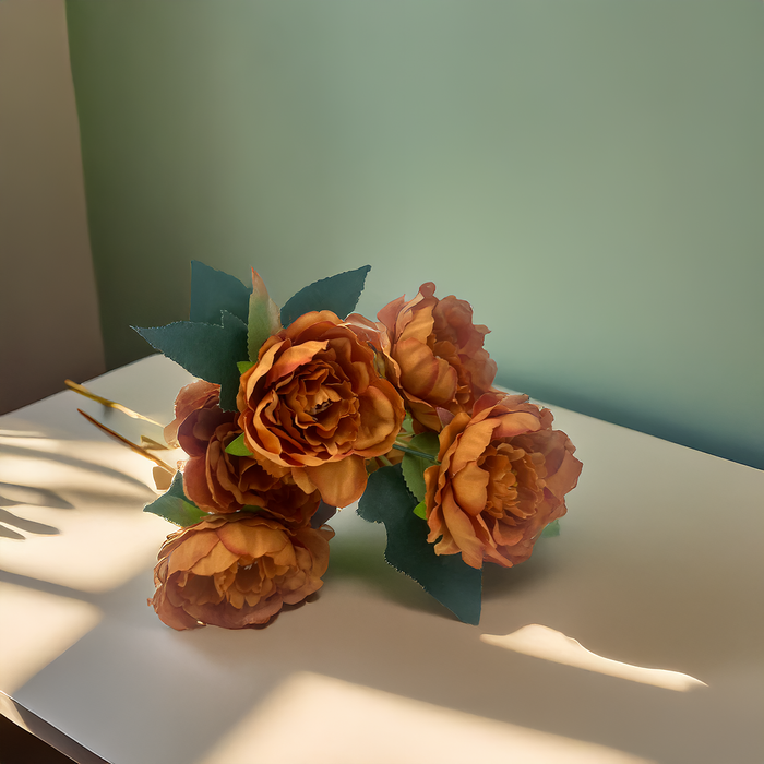 Exquisite Artificial Orange Peonies Flower Bunch with 7 Blooms – Warm Elegance for Your