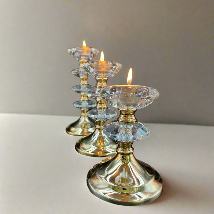 Exquisite Set of 3 Crystal and Metal Candle Holders for Luxurious Home Décor