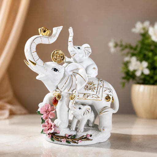 White Ceramic Elephant Family Showpiece with Gold Accents